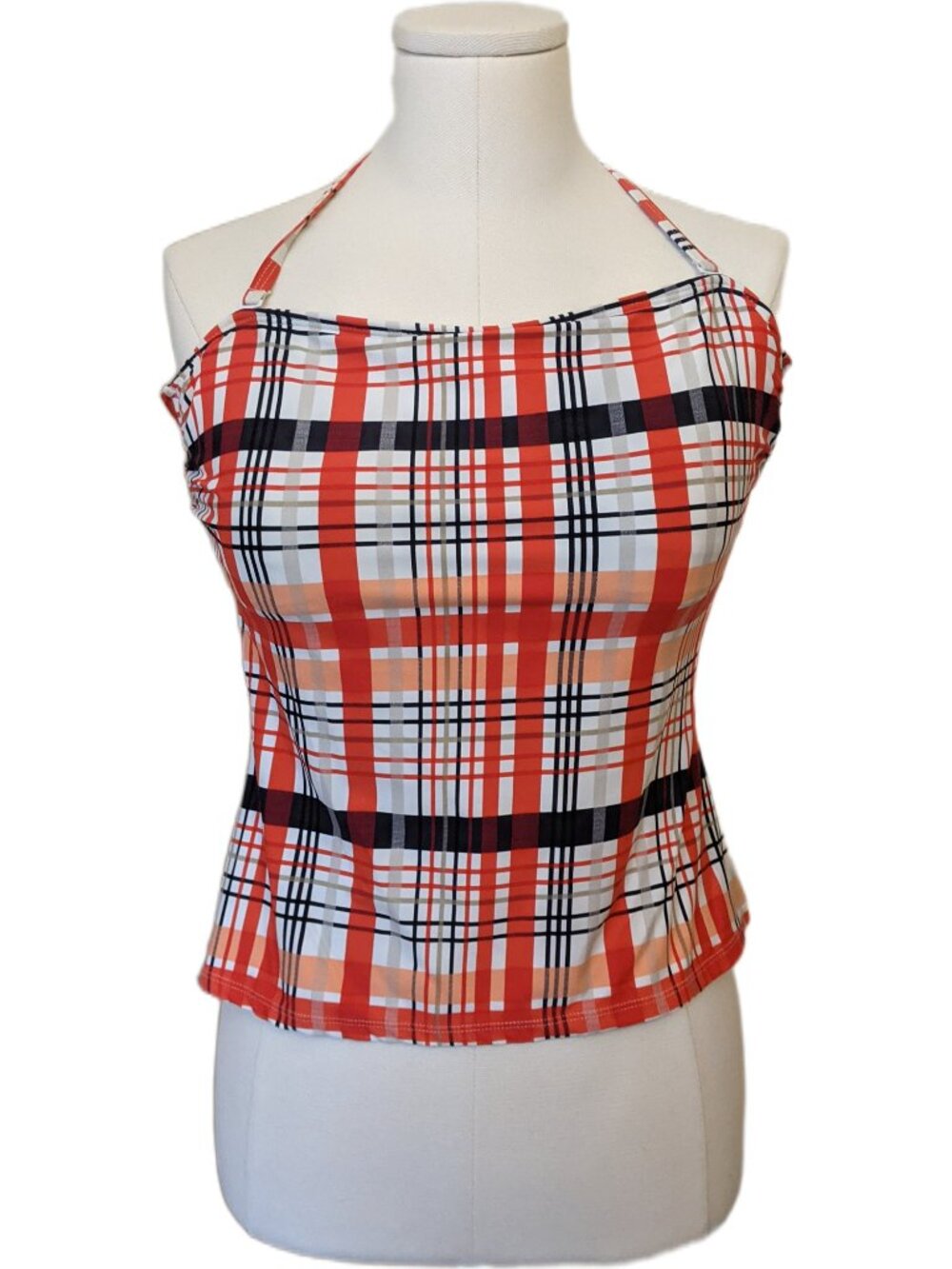 Vintage Plaid Tankini Swim Top Red Orange Black Halter Neck Swimsuit Beach